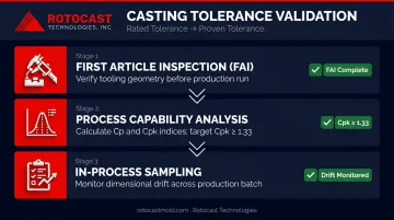 Three-stage aluminum casting tolerance validation process from FAI to in-process sampling