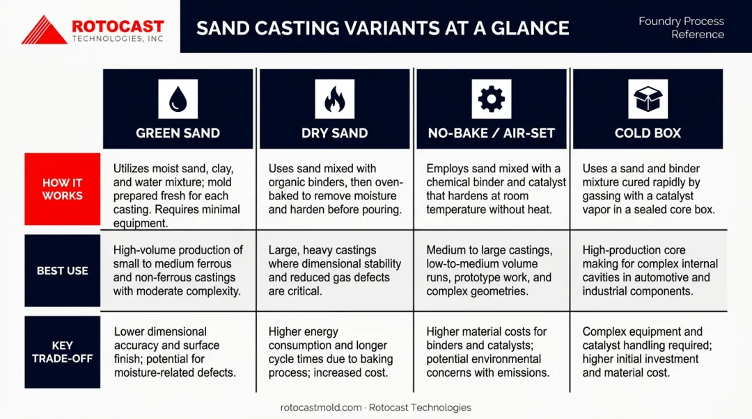 Four sand casting variants comparison chart green sand dry sand no-bake cold box