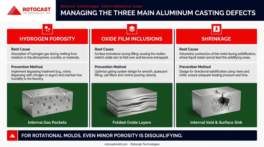 Three aluminum casting defects causes and prevention controls comparison infographic