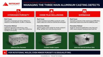 Three aluminum casting defects causes and prevention controls comparison infographic