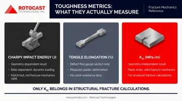 Three fracture toughness metrics KIC Charpy elongation side-by-side comparison infographic
