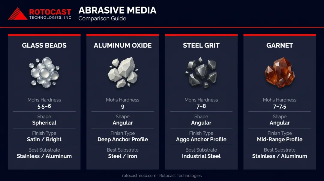 Abrasive media selection guide comparing glass beads aluminum oxide garnet and steel grit
