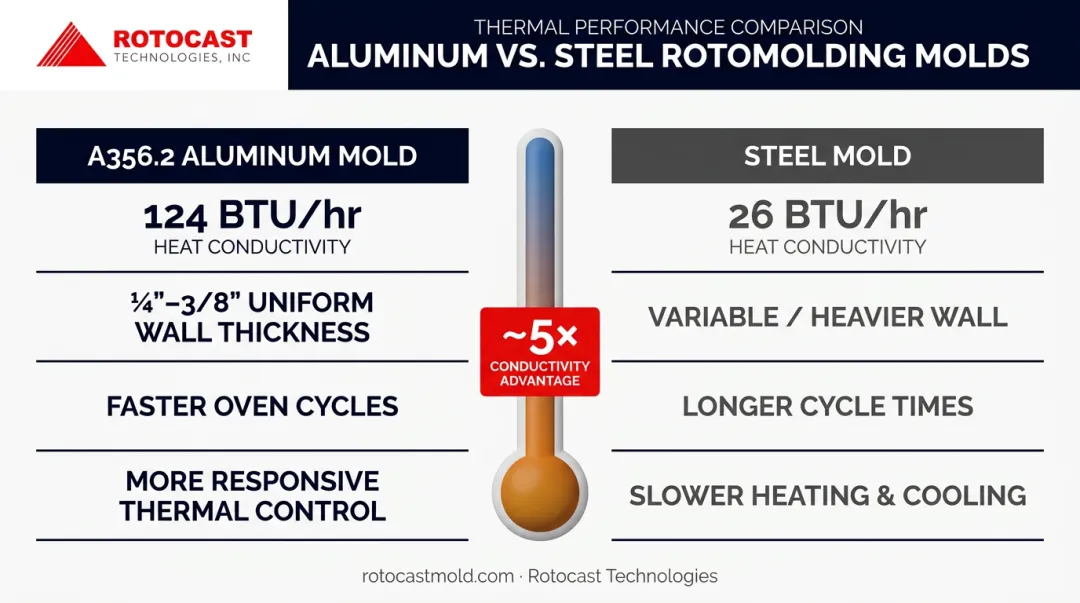 Aluminum versus steel rotomolding mold heat conductivity comparison infographic