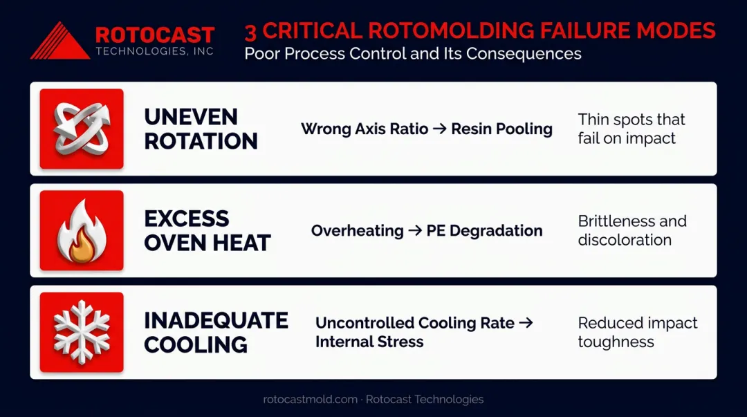 Three rotomolding process control failure modes causing kayak hull defects