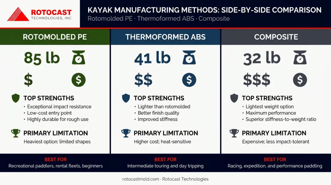 Rotomolded thermoformed and composite kayak manufacturing method comparison chart