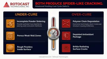 Under-cure versus over-cure rotomolding failure modes side-by-side comparison infographic