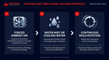 Two-stage rotomolding cooling protocol process flow preventing differential shrinkage cracks