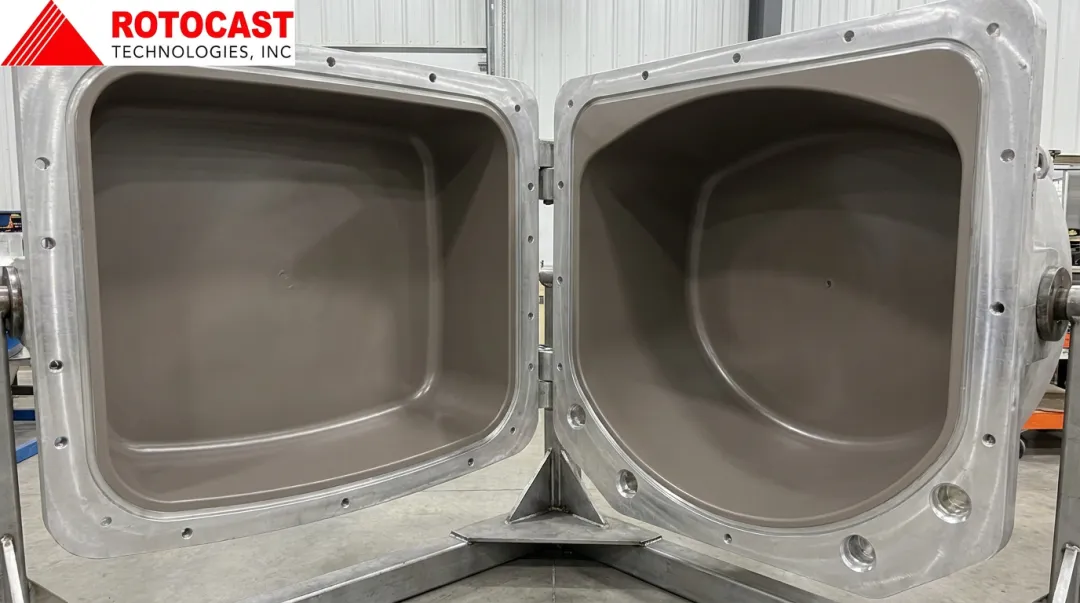 Rotocast Technologies aluminum rotational mold with PTFE Teflon coating applied interior surface