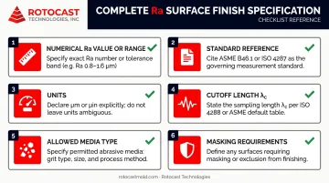 Six-element complete sandblasted aluminum Ra surface finish specification checklist infographic