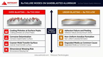 Over-blasting versus under-blasting Ra failure modes side-by-side comparison infographic for aluminum