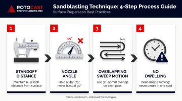 Four-step aluminum sandblasting technique showing standoff distance nozzle angle and sweep motion