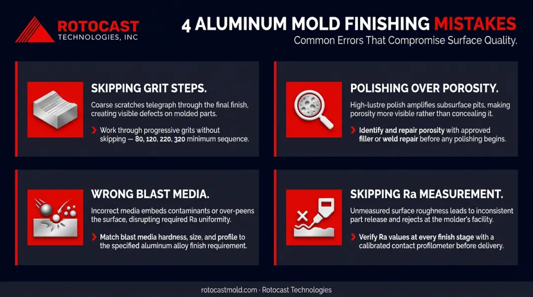 4 common aluminum mold surface finish mistakes and prevention tips infographic