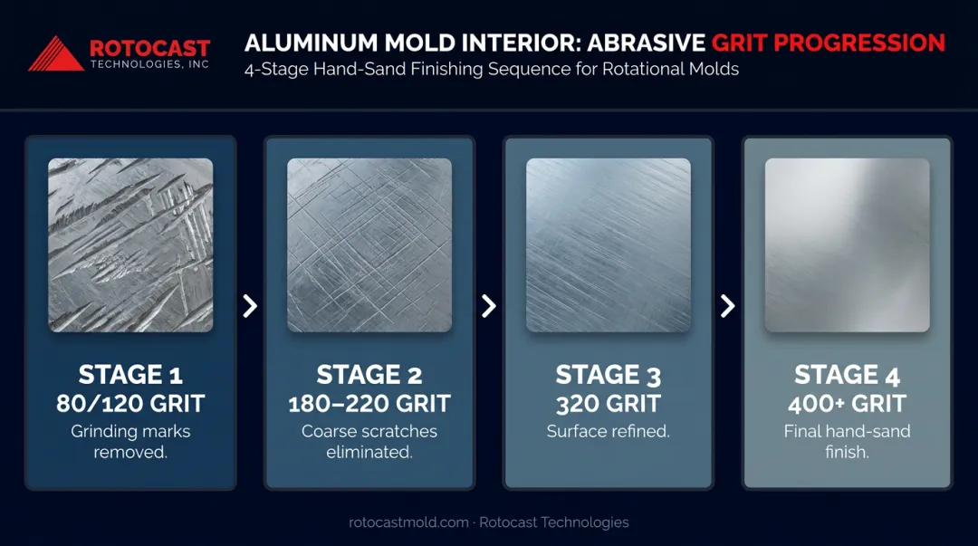 4-stage progressive aluminum mold sanding grit sequence process flow infographic