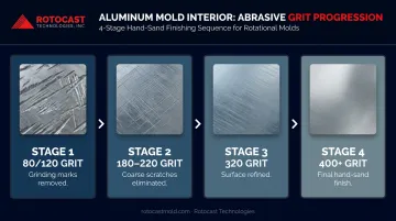 4-stage progressive aluminum mold sanding grit sequence process flow infographic