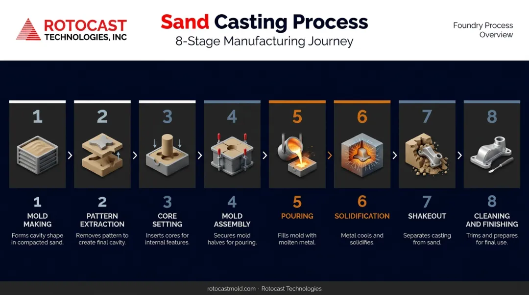 Eight-step sand casting process flow from mold making to finished part