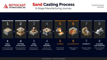 Eight-step sand casting process flow from mold making to finished part