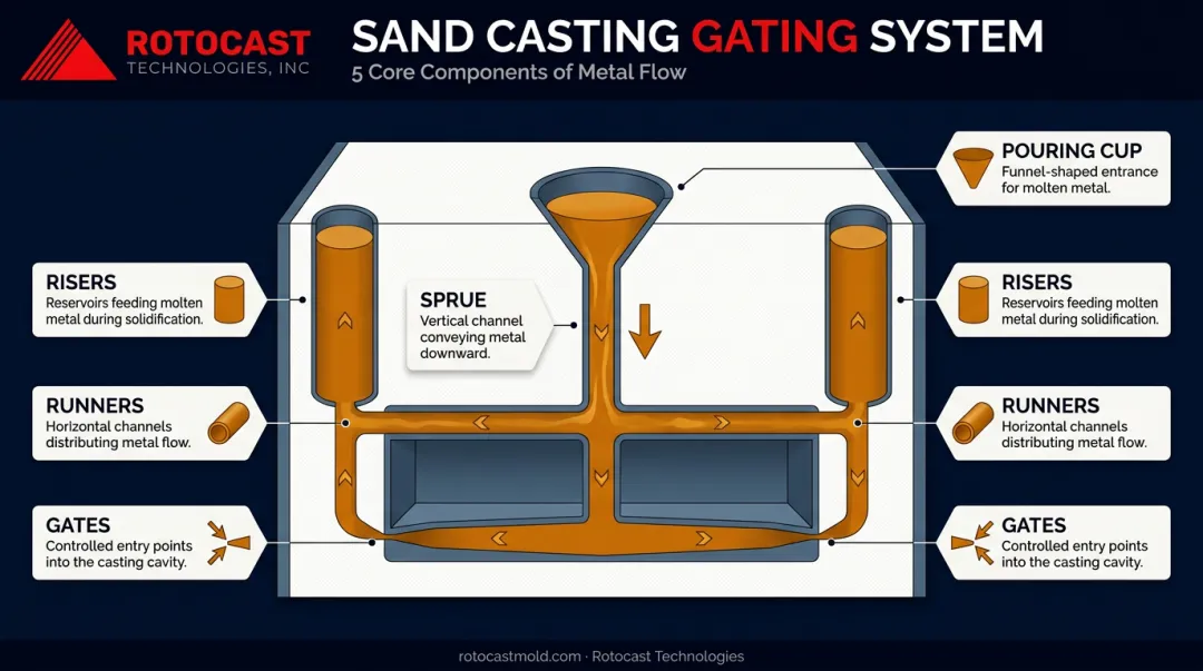 Sand casting gating system components from pouring cup to risers diagram