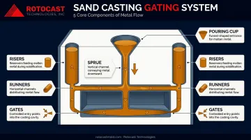 Sand casting gating system components from pouring cup to risers diagram