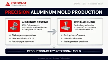 Two-stage aluminum casting and CNC machining process flow for rotational molds