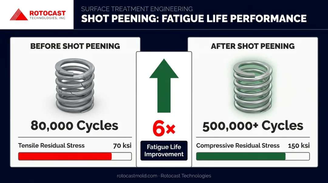 Shot peening fatigue life improvement before and after cycles comparison chart