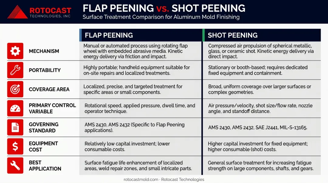 Flap peening versus shot peening seven-factor side-by-side comparison infographic