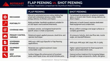 Flap peening versus shot peening seven-factor side-by-side comparison infographic