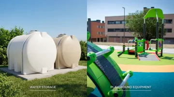 LLDPE rotomolded water storage tanks and playground equipment in outdoor setting