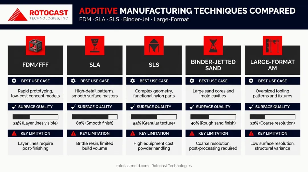 Five AM techniques comparison chart for rotomold tooling surface quality and limitations