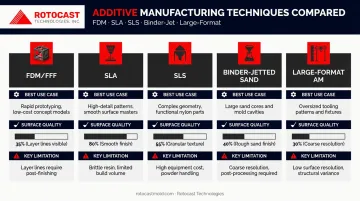 Five AM techniques comparison chart for rotomold tooling surface quality and limitations