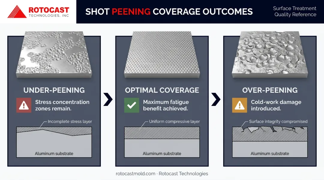 Shot peening coverage spectrum showing under-peening optimal and over-peening outcomes