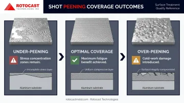 Shot peening coverage spectrum showing under-peening optimal and over-peening outcomes