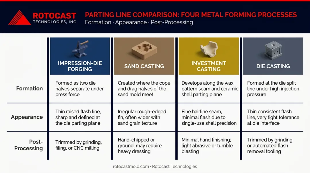 Four-process parting line comparison chart forging sand casting investment die casting