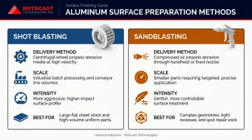 Shot blasting versus sandblasting aluminum process comparison side-by-side infographic