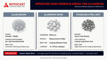 Three approved abrasive media types for shot blasting aluminum comparison chart
