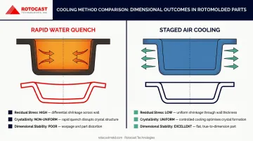 Rapid water quench versus staged air cooling crystallization and warpage comparison infographic