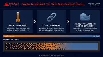 Three-stage polymer sintering coalescence densification process flow infographic
