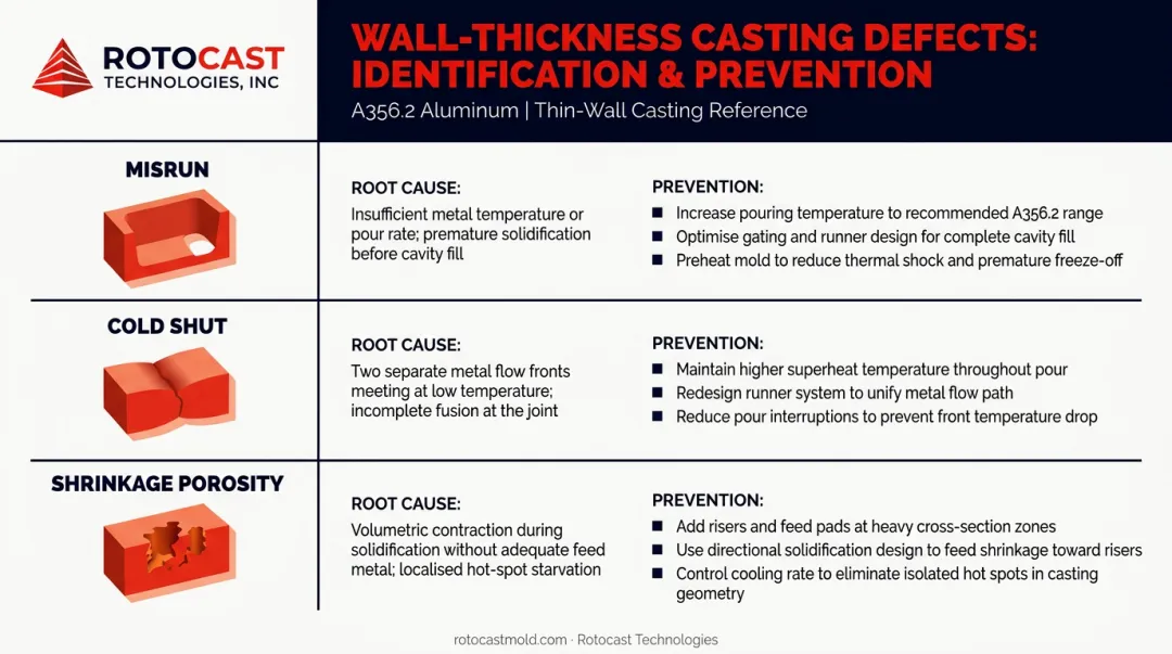Misrun cold shut and shrinkage porosity aluminum casting defects causes and prevention infographic