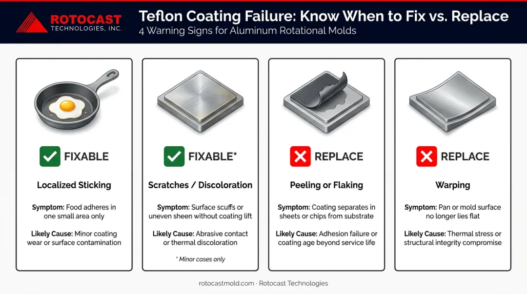 Four Teflon coating failure signs comparison table with fixability indicators