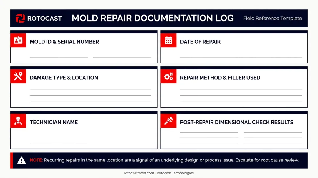 Aluminum mold repair log documentation template showing six required data fields