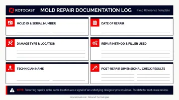 Aluminum mold repair log documentation template showing six required data fields