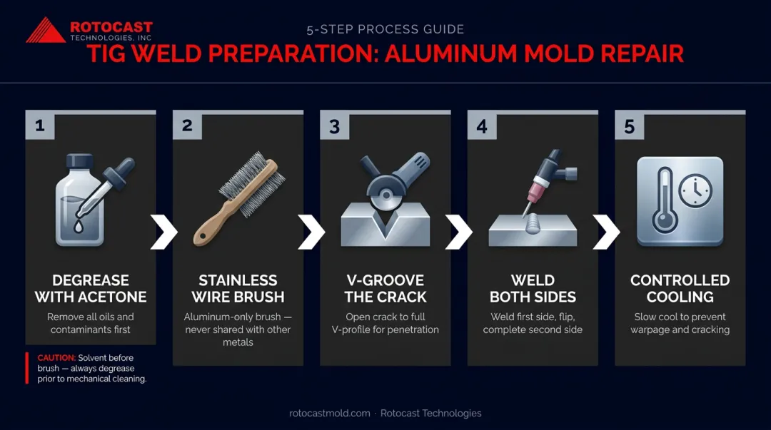 5-step TIG welding surface preparation sequence for aluminum mold crack repair