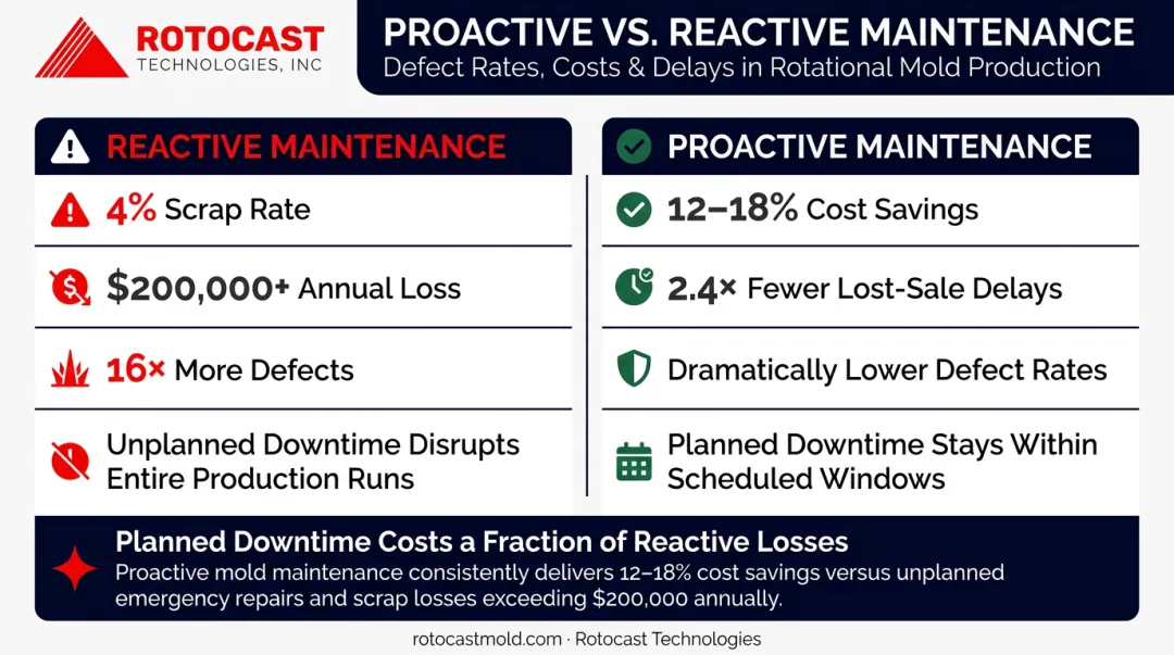 Proactive versus reactive maintenance cost and defect rate comparison infographic
