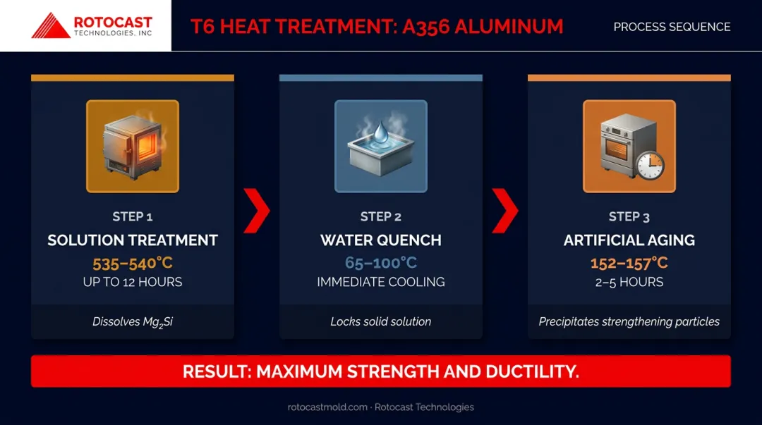 A356 T6 heat treatment three-step process flow solution treatment quench artificial aging