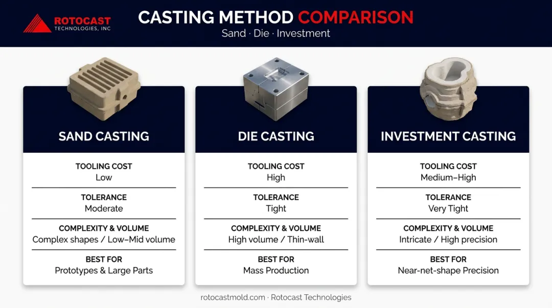 Sand casting versus die casting versus investment casting comparison chart