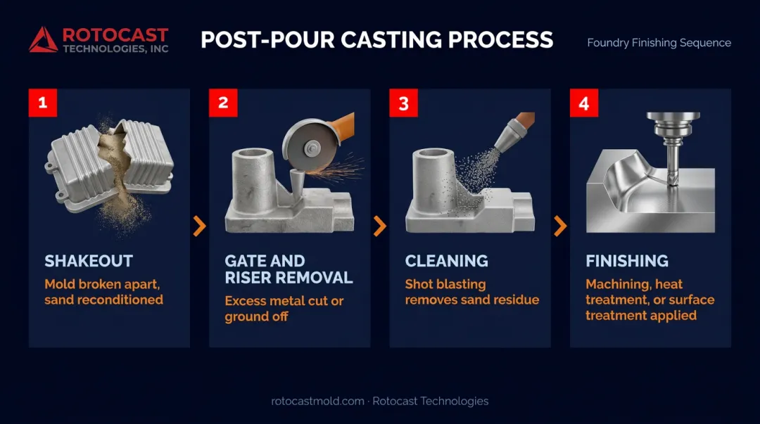 4-step sand casting finishing process from shakeout to final surface treatment
