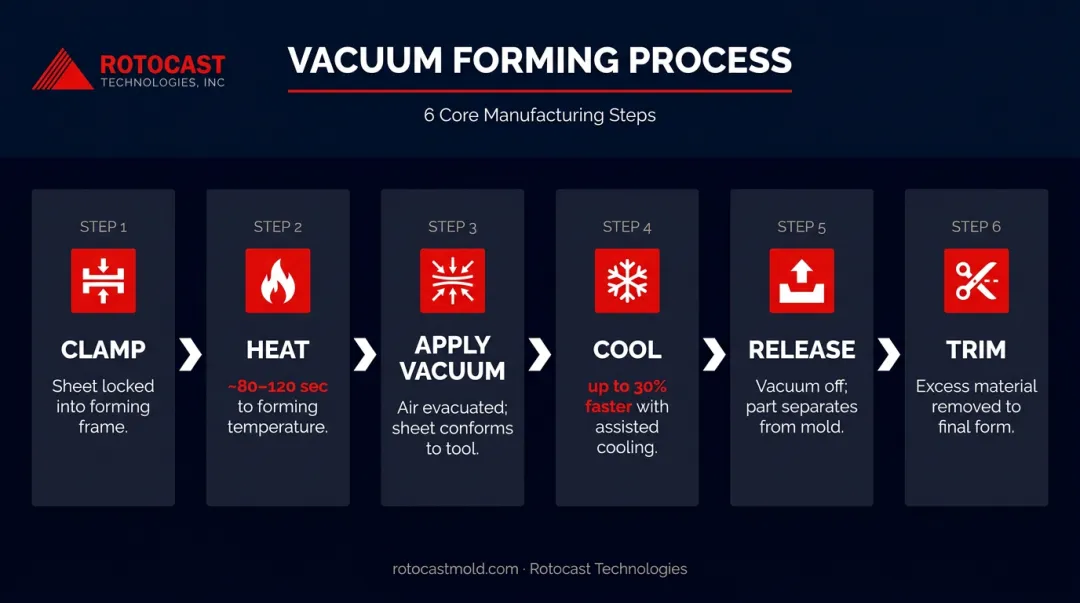 6-step vacuum forming process flow from clamping to trimming