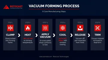 6-step vacuum forming process flow from clamping to trimming