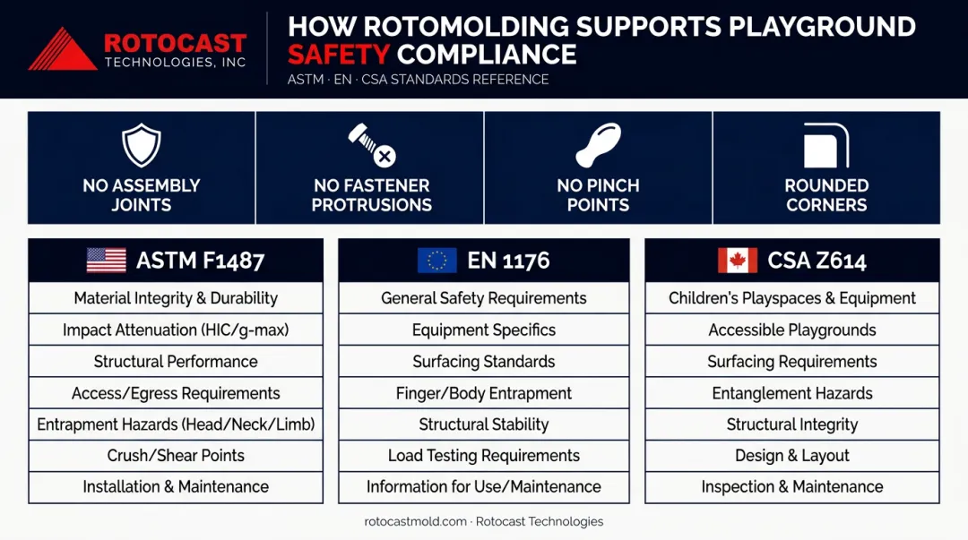 Rotomolded playground equipment safety standards ASTM EN CSA compliance infographic