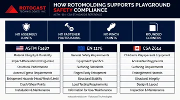 Rotomolded playground equipment safety standards ASTM EN CSA compliance infographic