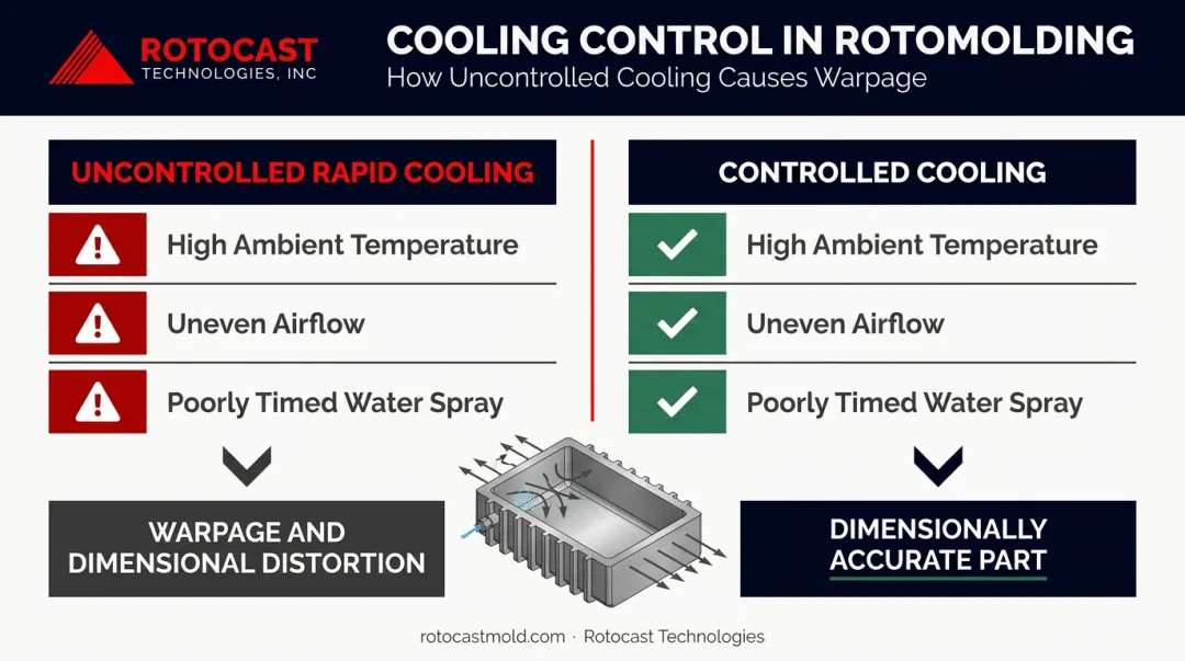 Rotomolding cooling rate variables warpage causes and controlled cooling comparison diagram